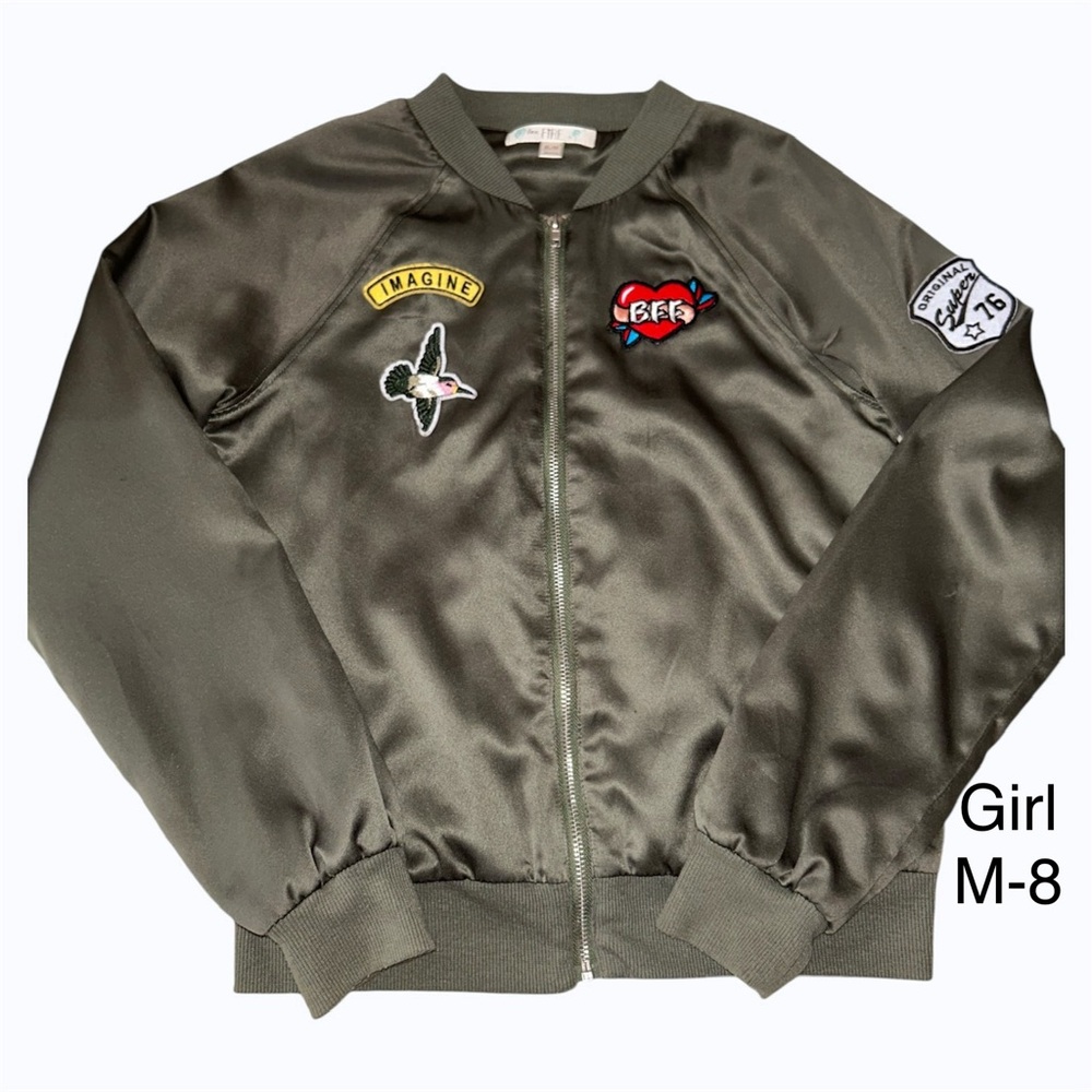 Girl’s Olive Green Satin Bomber Jacket with Patches Size M